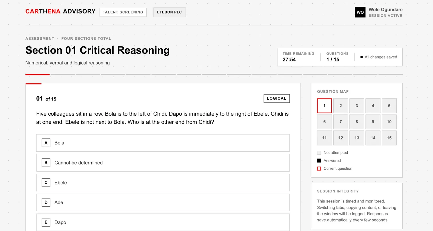 Section 1 Critical Reasoning assessment showing a logical reasoning question with multiple choice options and question map sidebar