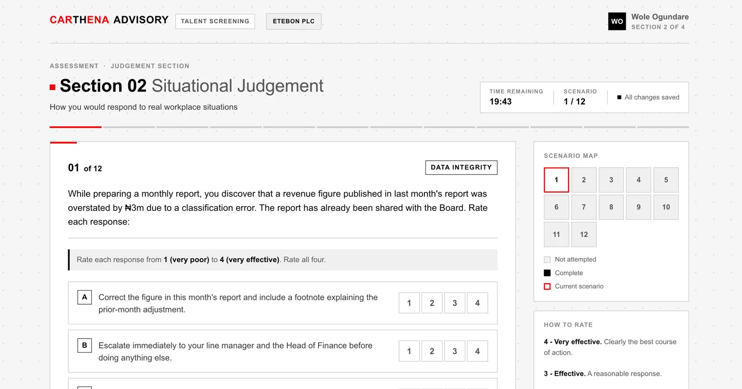 Section 2 Situational Judgement assessment showing a workplace scenario with effectiveness rating scale