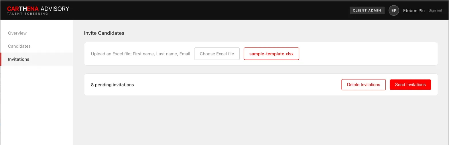 Client admin invitations tab with Excel upload, sample template download, and bulk send controls