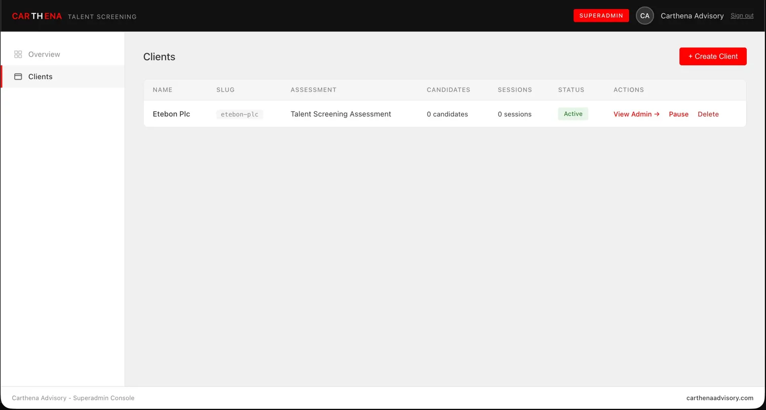 Superadmin clients tab showing client list with active status, candidate count, and admin actions